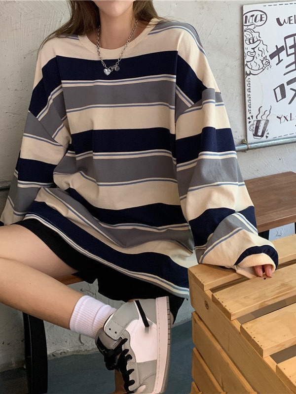 Foreign trade super popular cec sweater women's Korean style 2023 autumn and winter New loose striped thin top women's ins fashion