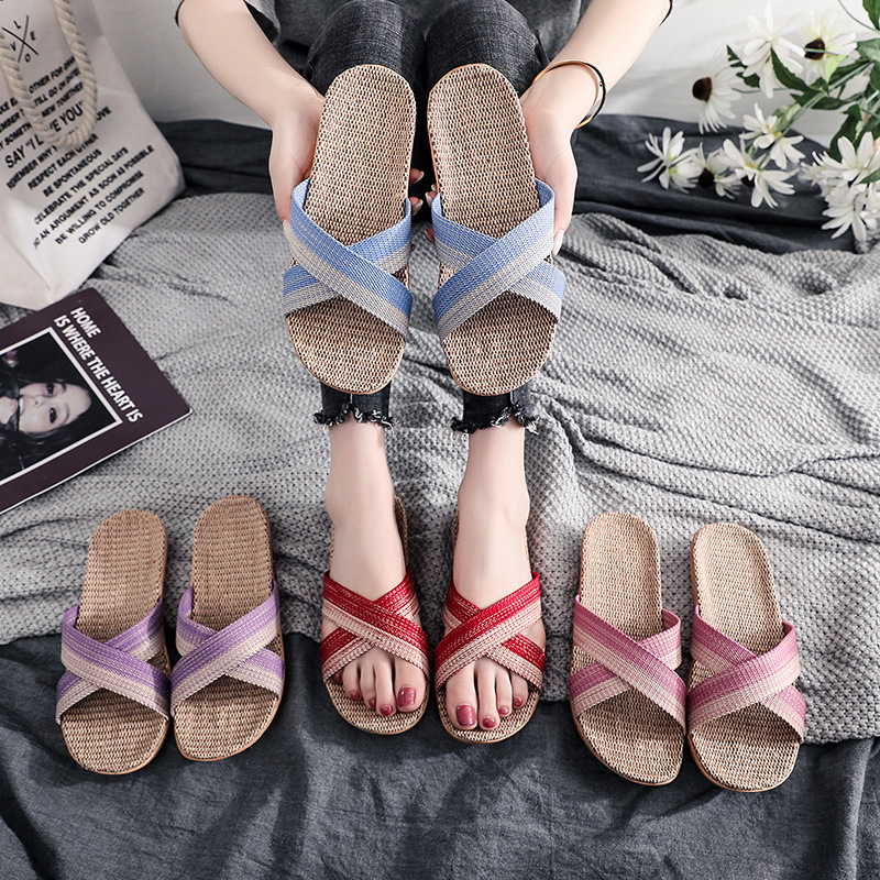 Linen Slippers Women's Summer Indoor Household Non-Slip Sandals for Couple Men's Summer Home Mute Soft Slippers