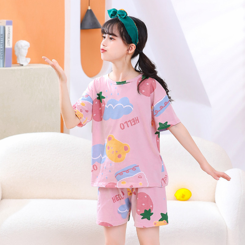 Picture of 2024 New Kidsren's Summer Short-Sleeved Suit Home Clothes Pajamas Pure Cotton Thin Air-Conditioned Clothes Princess Girls Baby