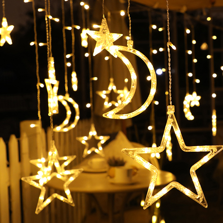 LED solar star-moon curtain lights, Christmas string lights, outdoor courtyard camping, starry sky decorative ambient lights, colorful lights