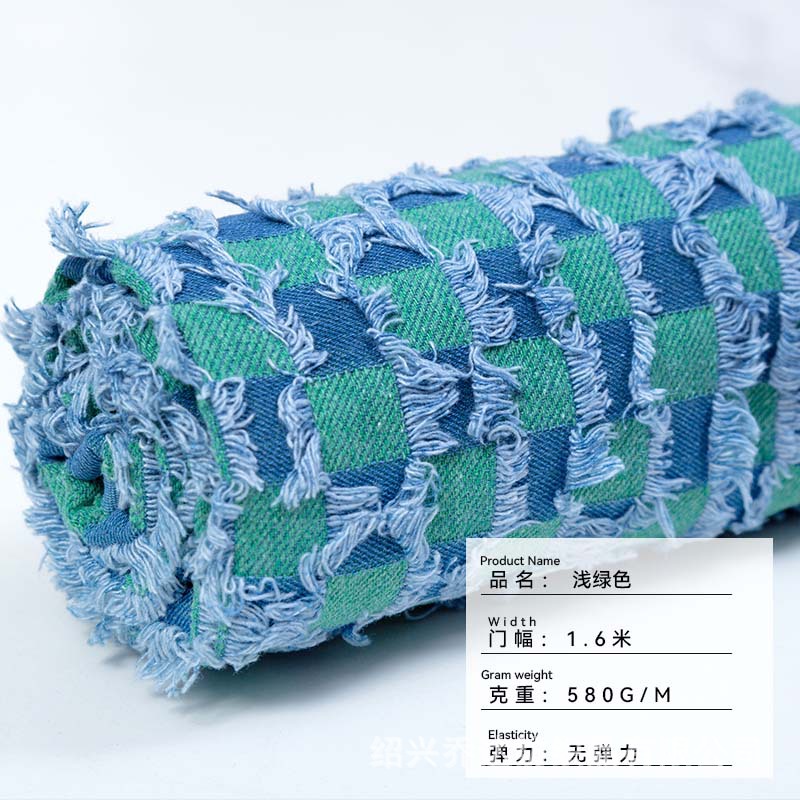 Picture of Tassel chessboard Plaid jacquard Denim fabric coat rinse washed Denim cotton cut flower texture clothing fabric