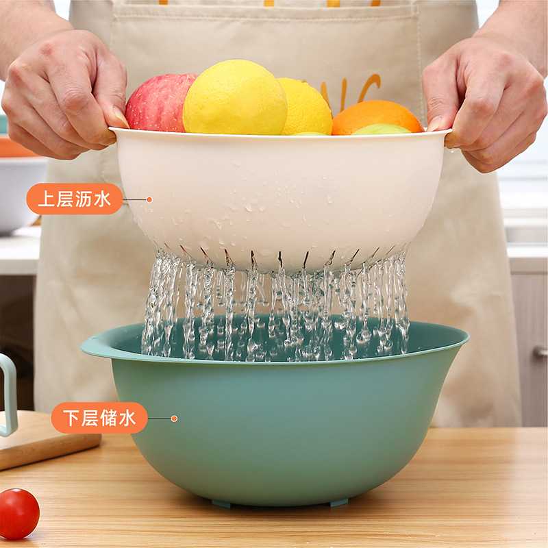 Picture of Double-layer vegetable washing basin draining basket rice washing basket four-piece set kitchen washing fruit plate living room household vegetable washing basin