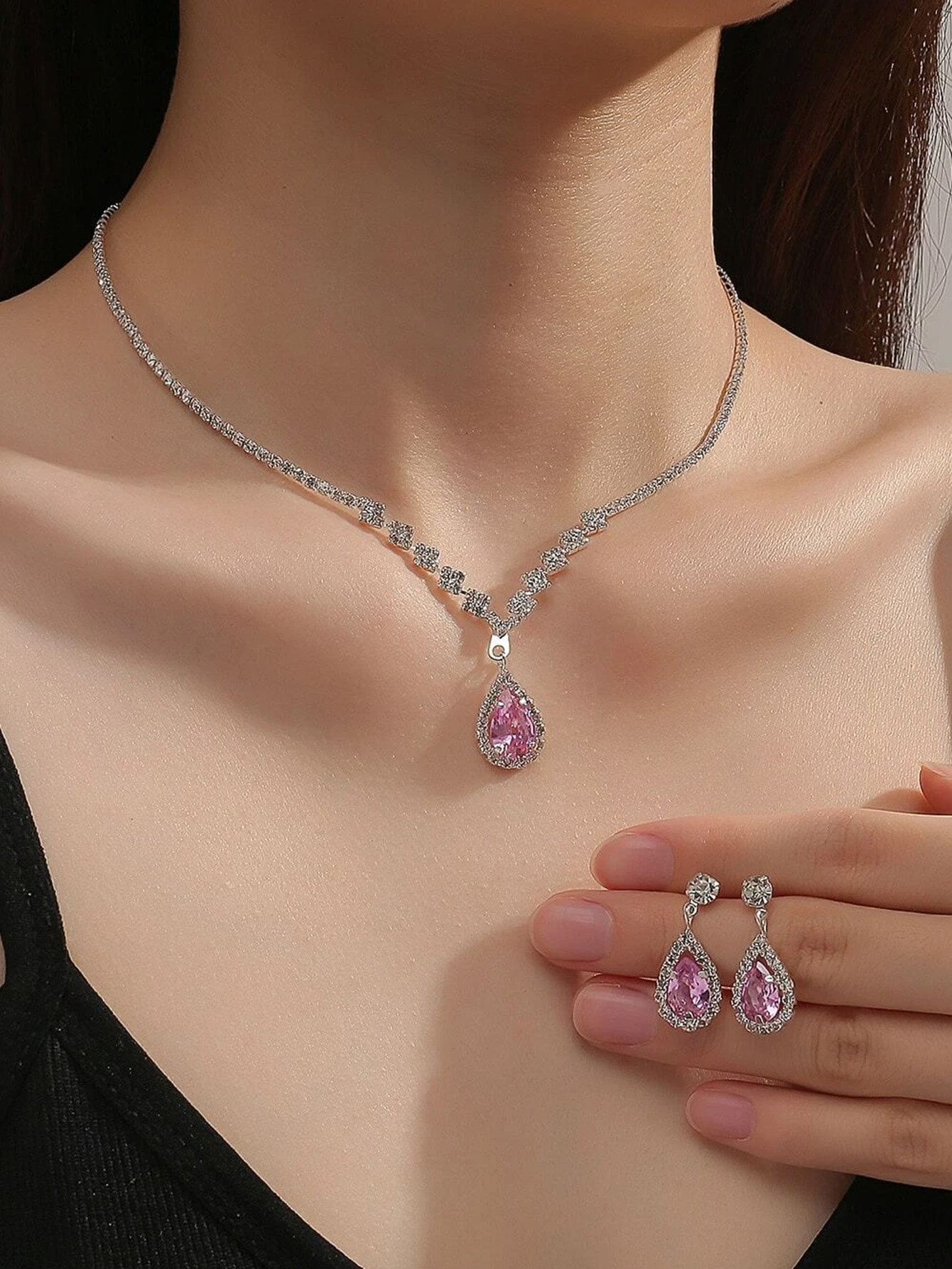 Picture of Brilliant diamond zircon water drop necklace earrings bride wedding jewelry shooting jewelry set wholesale