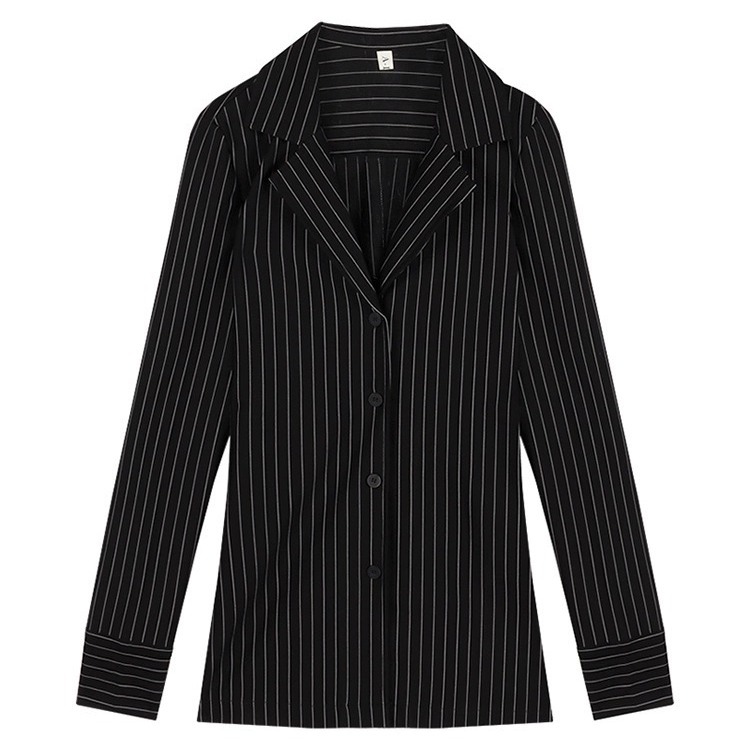 Picture of Black striped long-sleeved shirt for women Autumn 2023 New elegant all-match slim fit waist slimming mid-length top