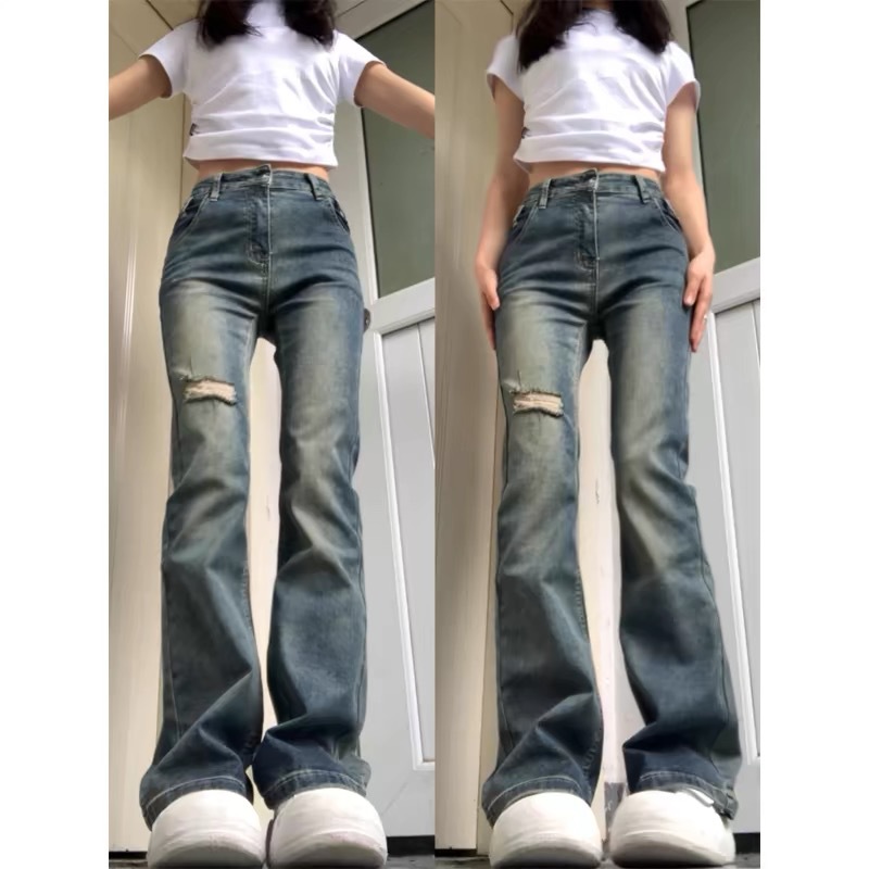 American Style Retro Micro-Ripped Jeans Women's Spring and Summer 2024 New Spice Girls Elastic High Waist Slimming Straight Pants