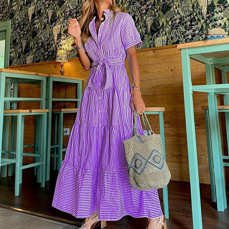 Boho Shirt Dress Summer Popular Stripesd Print Casual Belt Buttoned Shirt Collar Mini Long Skirt