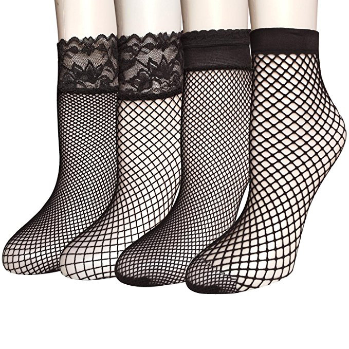 Short mesh socks anti-snagging fishnet socks mesh socks jacquard lace edge ankle socks women's socks (4 pairs) small mesh