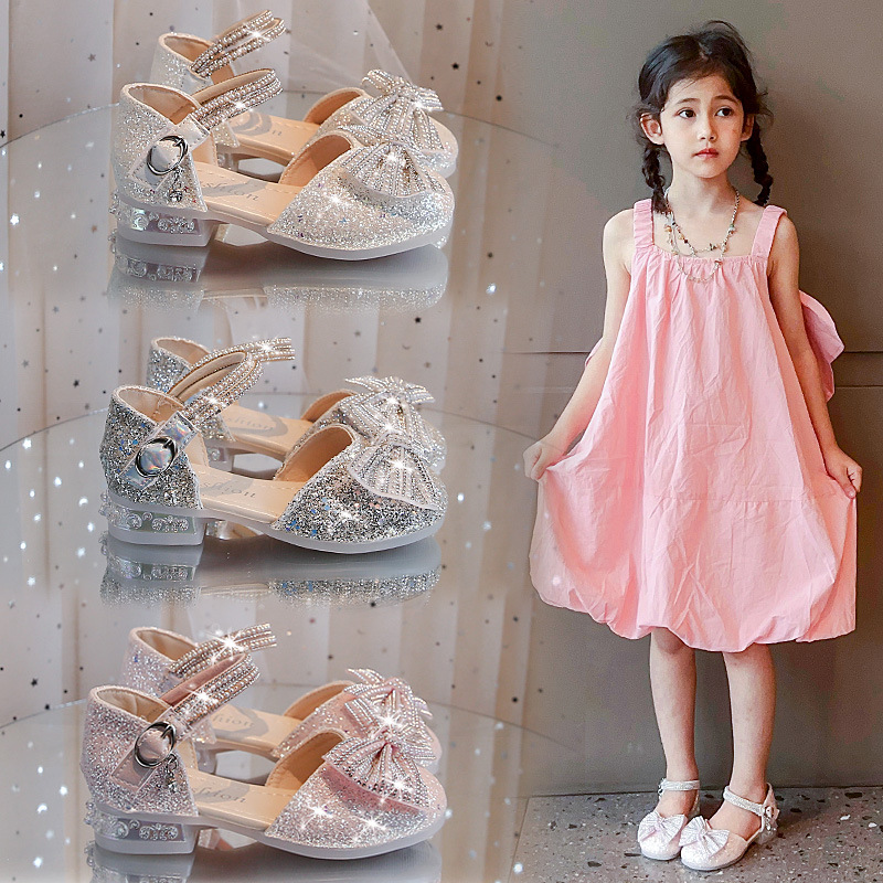 Soft soles high heels with dress 2025 new girls shiny shoes summer children rhinestone soft soles princess shoes