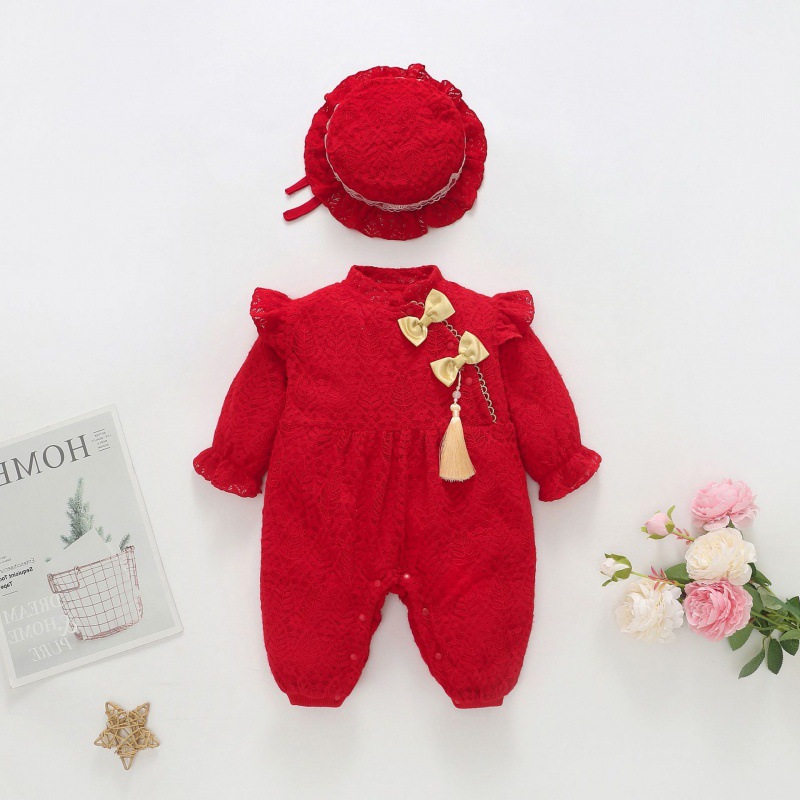 Baby jumpsuit autumn and winter velvet newborn clothes cute baby girl red lace National style long sleeve climbing suit