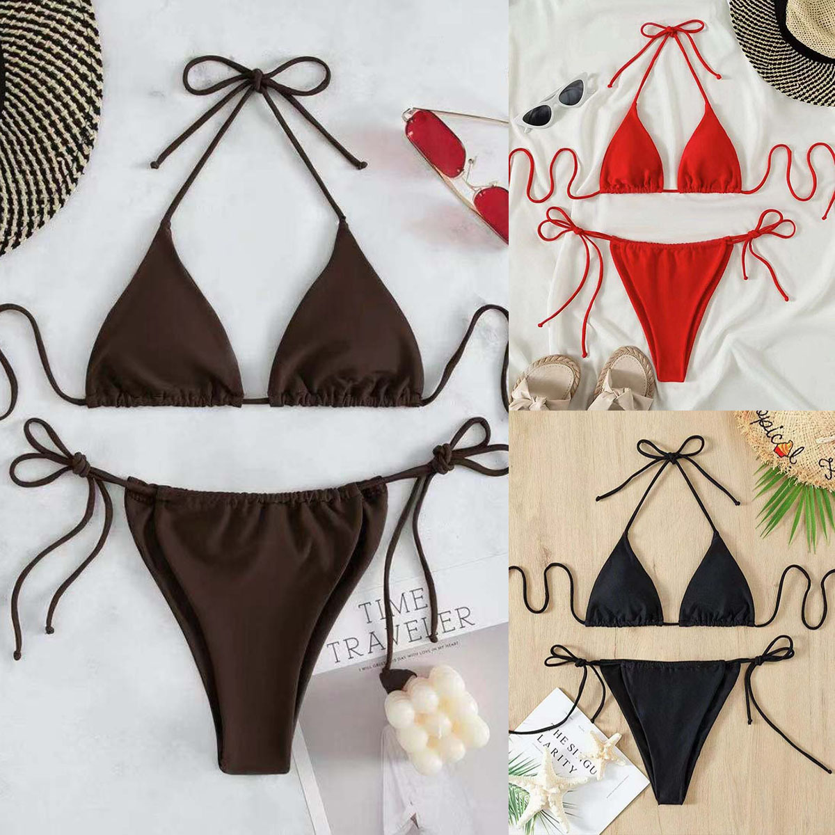 2023 new AliExpress foreign trade spot average size high waist long rope export loose bikini multicolor women swimming