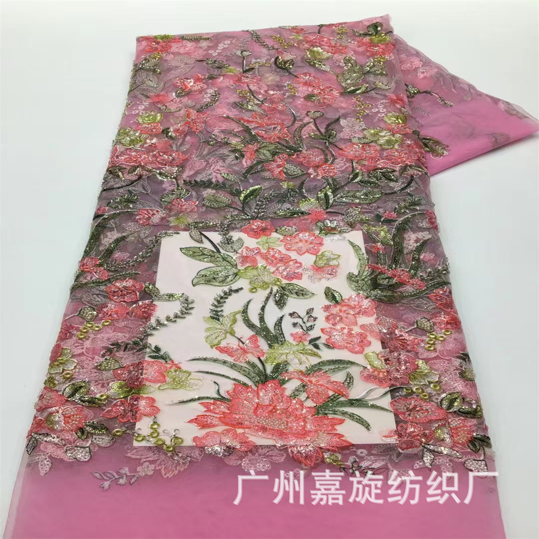 Colorful plant flower ethnic embroidery lace fabric handmade beads sequins mesh wedding dress costume fabric