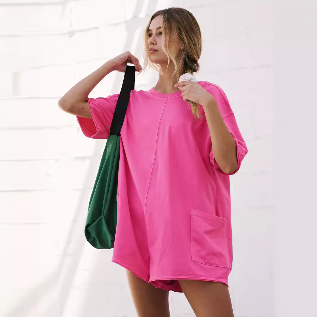 Picture of Amazon European and American Women's Independent Station New Loose Casual Pocket Pumpsuit Short Sleeve V-Neck Backless Pumpsuit