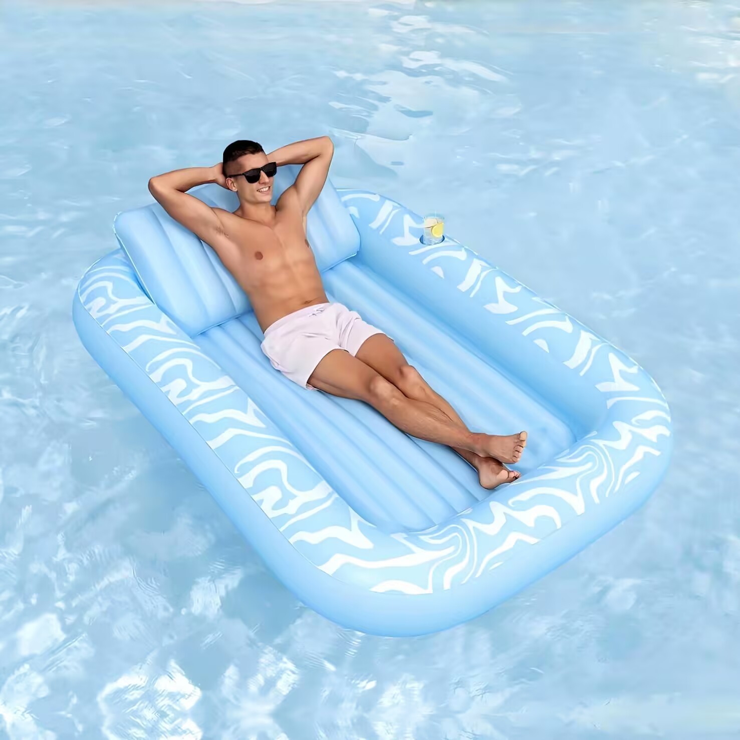 Picture of Water Inflatable Floating Row Floating Bed Queen Adult Pool Leisure Chair Floating Cushion with Backrest and Cup Holder