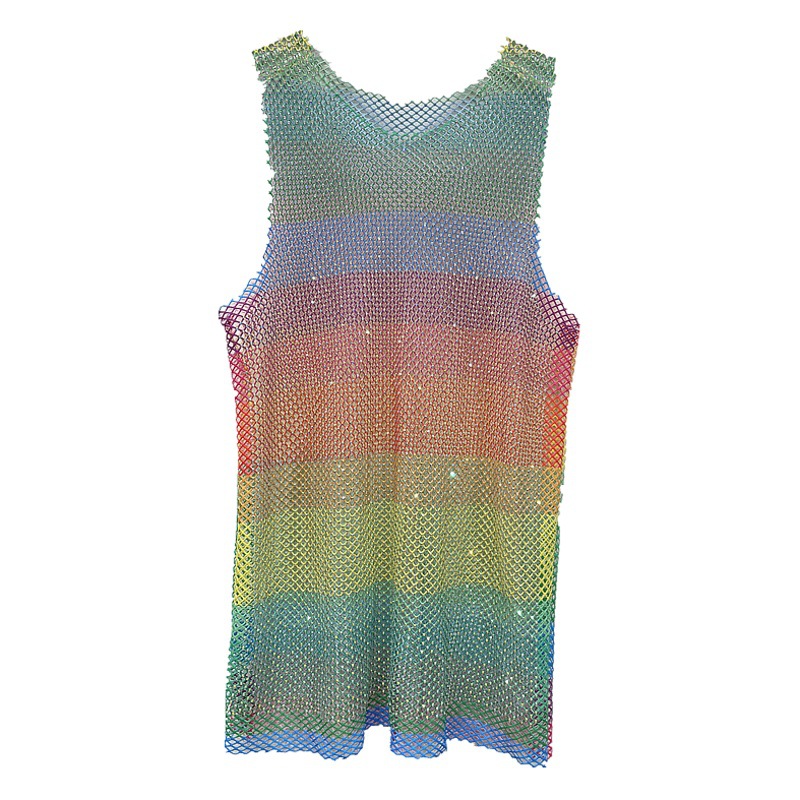 One-piece delivery spring and summer bright diamond Rainbow vest hollow color diamond all-match top thin see-through mesh shirt for women