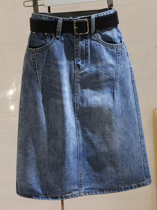 Denim Skirt for Women 2024 Spring and Summer New High-Waist Slim Casual Mid-Length Slit Denim Skirt