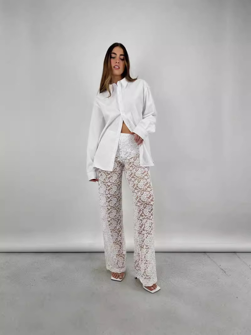 Cross-Border European and American Style Hot-Selling New Summer Products Sexy and Versatile Lace See-Through High-Waist Splicing Long Straight-Leg Pants for Women
