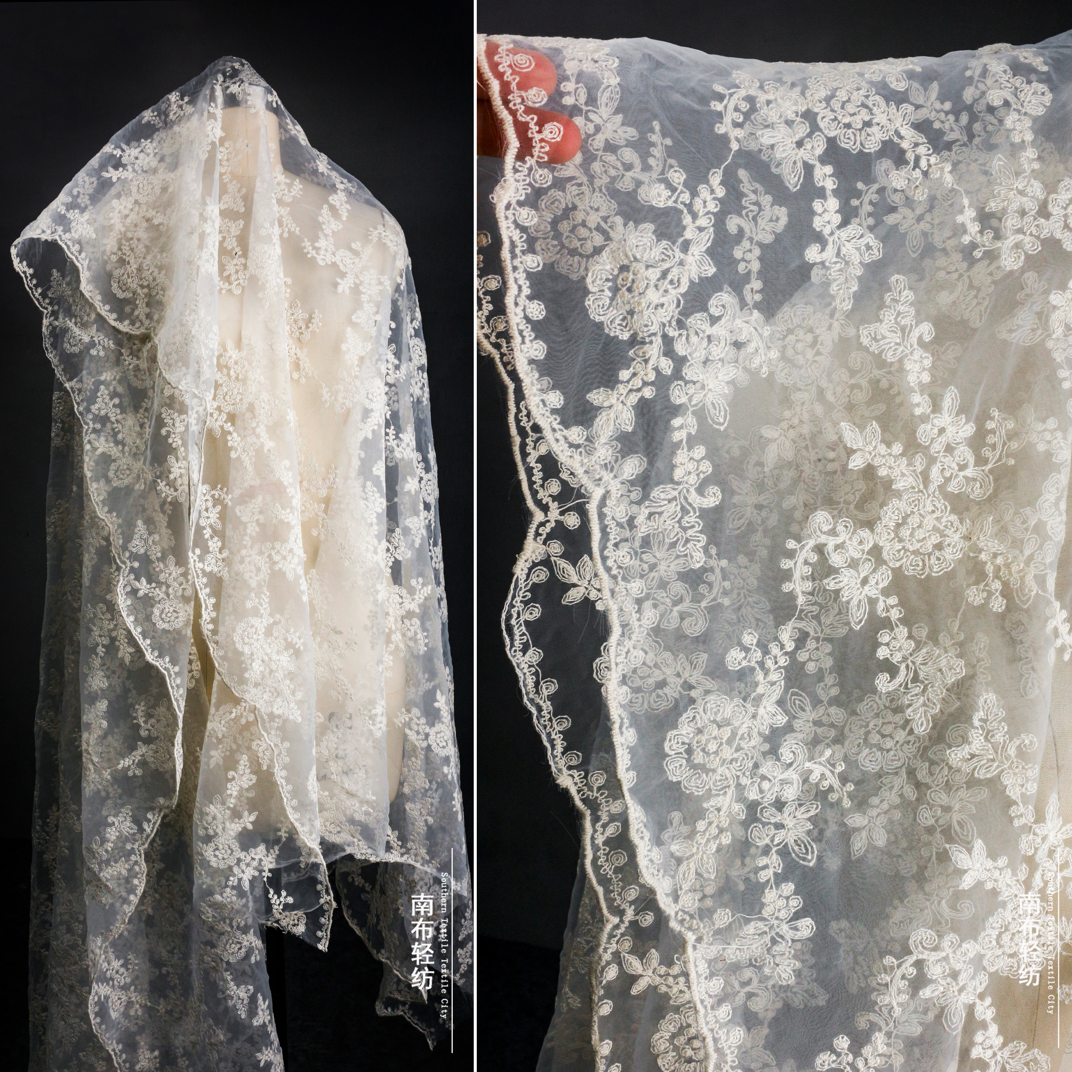 Off-white embroidered floral mesh lace jacquard fabric, creative DIY semi-transparent wedding dress dress, designer fabric