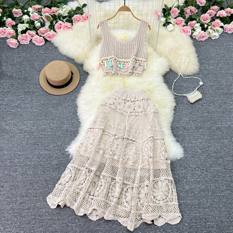 Vintage Bohemian Style Knitted Set Women's Lace Sleeveless Vest High Waist Mesh Crochet Midi Skirt