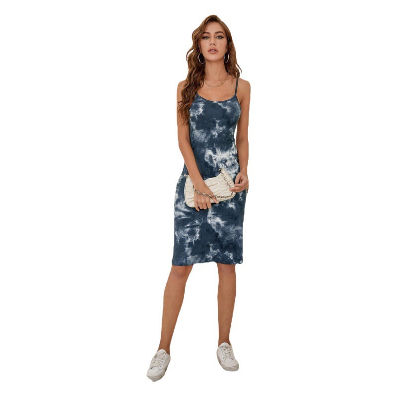 Foreign Trade European and American Tie-Dye Sling Slim Sexy Dress Women's Short Amazon Hot Style Women's Clothing Cross-Border Independent Station