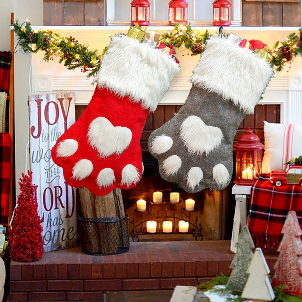 2023 Christmas socks Christmas tree decoration supplies Christmas red gray long-haired dog claw socks Christmas socks gift bag