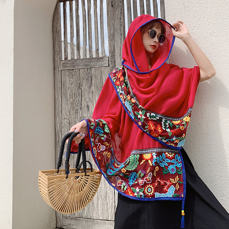 Celebrity Style Lace Embroidered Tassel Cotton and Linen Scarf Women's Red Silk Scarf Seaside Oversized Sun Protection Beach Towel Shawl