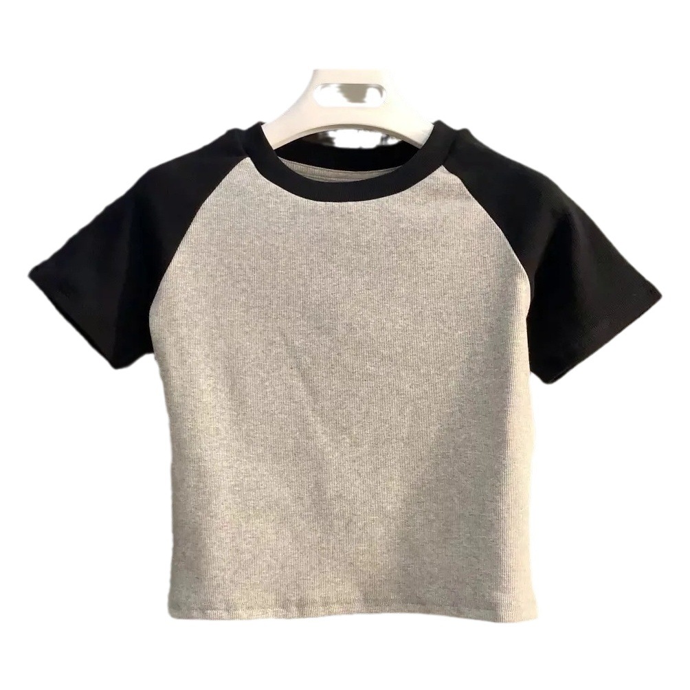 Contrast Color Stitching Retro Hong Kong Style Short-sleeved T-shirt Women's Summer New Slim-fit Slimming Elegant All-match Spice Girl Top Ins