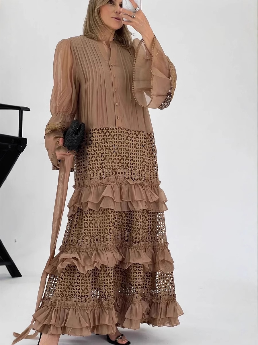 25 Spring and Summer European and American Niche Design Feeling Fairy Trumpet Sleeve Ruffled Hollow Lace Stitching Loose Dress