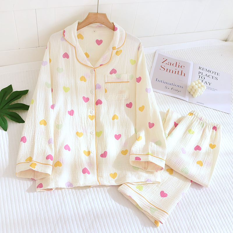 New Casual Double-layer Cotton Gauze Pajamas Women's Spring and Autumn Summer Cotton Home Clothes Long-sleeved Two-piece Suit for Women