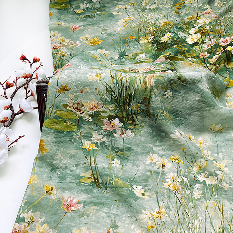 Lotus pond digital printed fabric, new Chinese style brocade cotton fabric, cheongsam dress, top Hanfu fabric