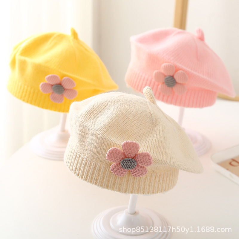 Baby hat autumn and winter baby girls' cute flower beret children's wool hat girls' knitted painter hat fashion