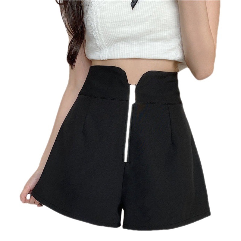 Large Size Niche Design Sense High Waist Zipper Black Shorts Women's All-match Casual Outer Wear A- line Slim Wide-leg Hot Pants