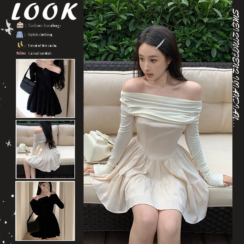 Gentle Style One-character Collar Open Shoulder Long-sleeved dress Women's Autumn New Western Style Age-reducing Waist A- line Short Skirt