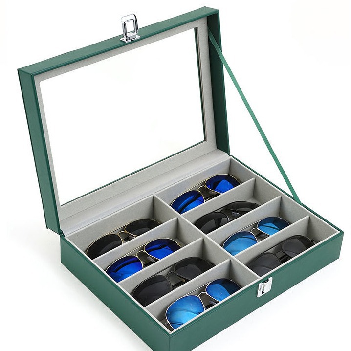 in stock wholesale new 8-digit PU dark green glasses storage box dustproof packaging box