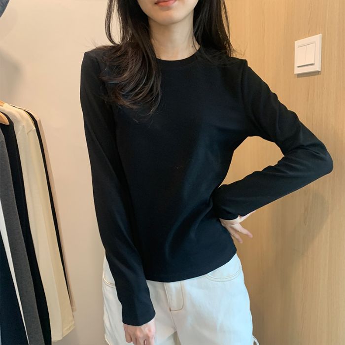 Picture of American Style Shoulder Long-Sleeved T-Shirt Women's Autumn and Winter Women's New U-Neck Slim-Fit Sanding Base Shirt Top for Women