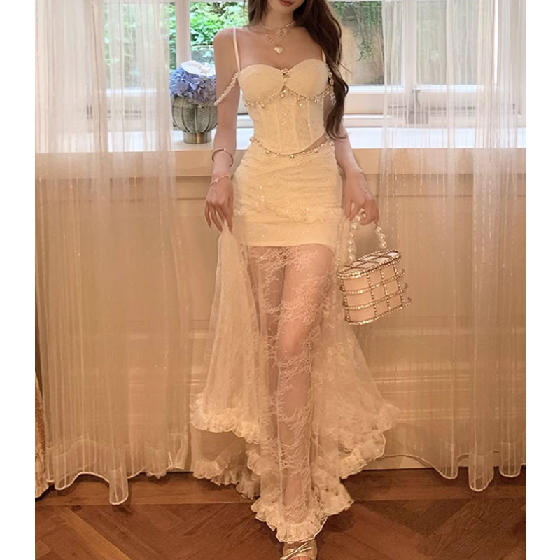 "Mermaid Princess" French Retro High-End Lace Pearl Fishbone Top Mesh Long Skirt 2025 Summer New