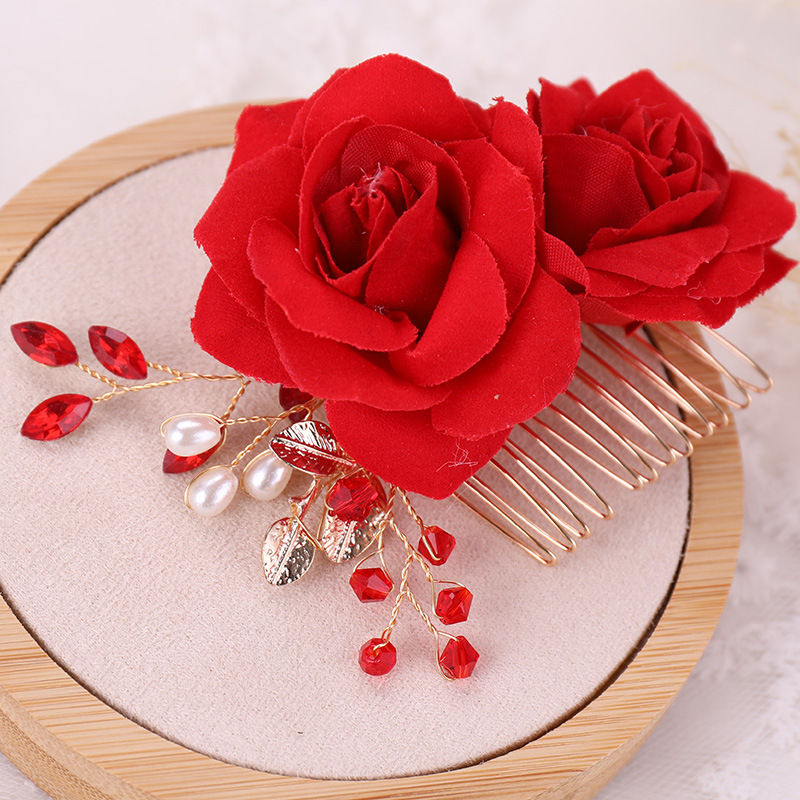 Picture of Bridal Headdress Red Flower Rhinestone Hair Comb Hand-Beaded Comb Head Flower Rose Toast Clothing Headdress Wholesale