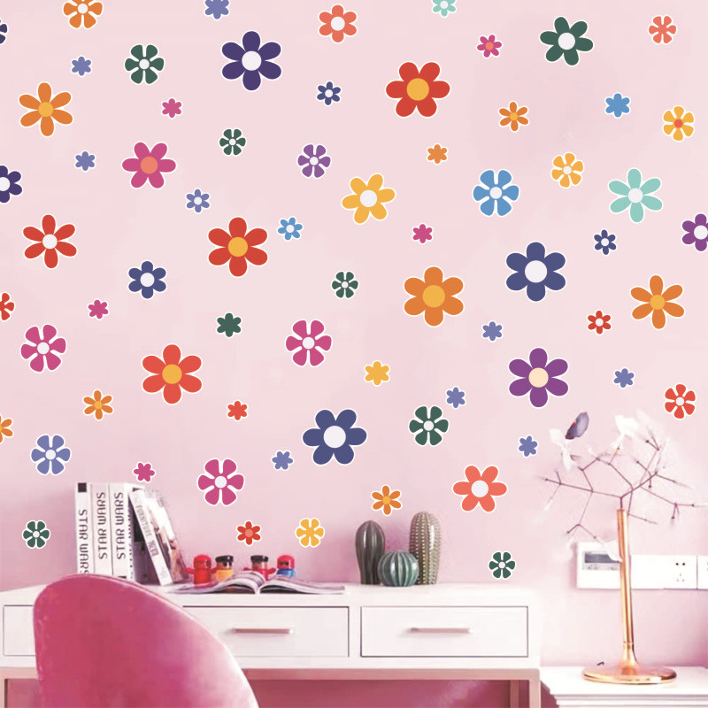 Ins Style Daisy Wall Sticker Pink Girl Bedroom Wallpaper Retro Flower Floral Car Body Window Sticker Pvc Flower Sticker