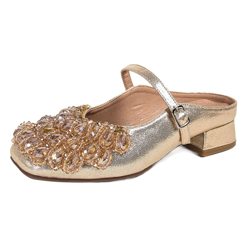 2025 new Mary Jane square thick heel Korean rhinestone Joker Baotou heel sandal women's plus size 41-43