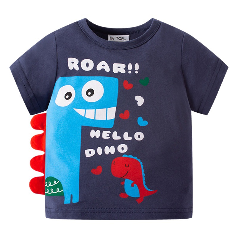 Bt Be Top Kidsren's Summer Short-Sleeved T-Shirt Cartoon Dinosaur Pure Cotton Boys Half-Sleeved Round Neck Korean Style Kidsren's Clothing Wholesale