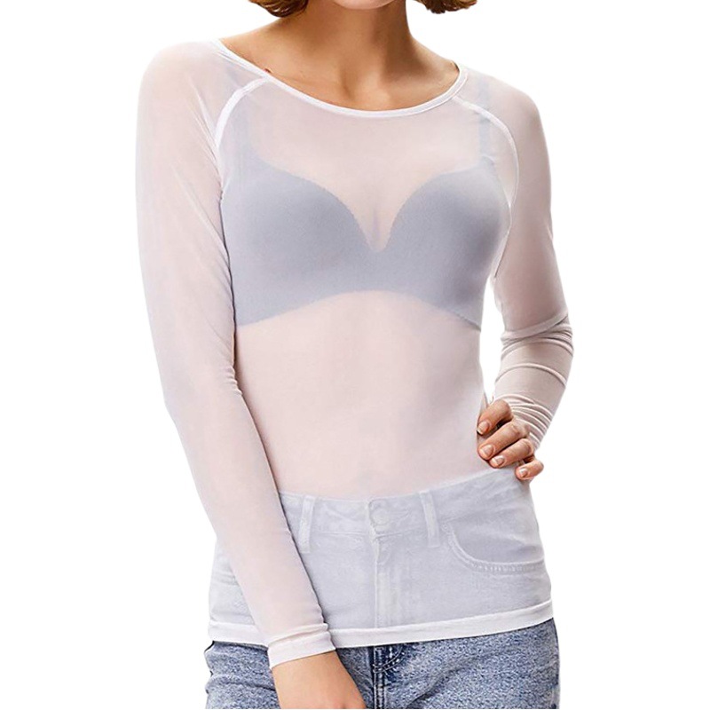Autumn 2023 Black Transparent Mesh Base Shirt Women's Long-sleeved Sexy Perspective Thin Mesh Shirt Super-stretch Shirt