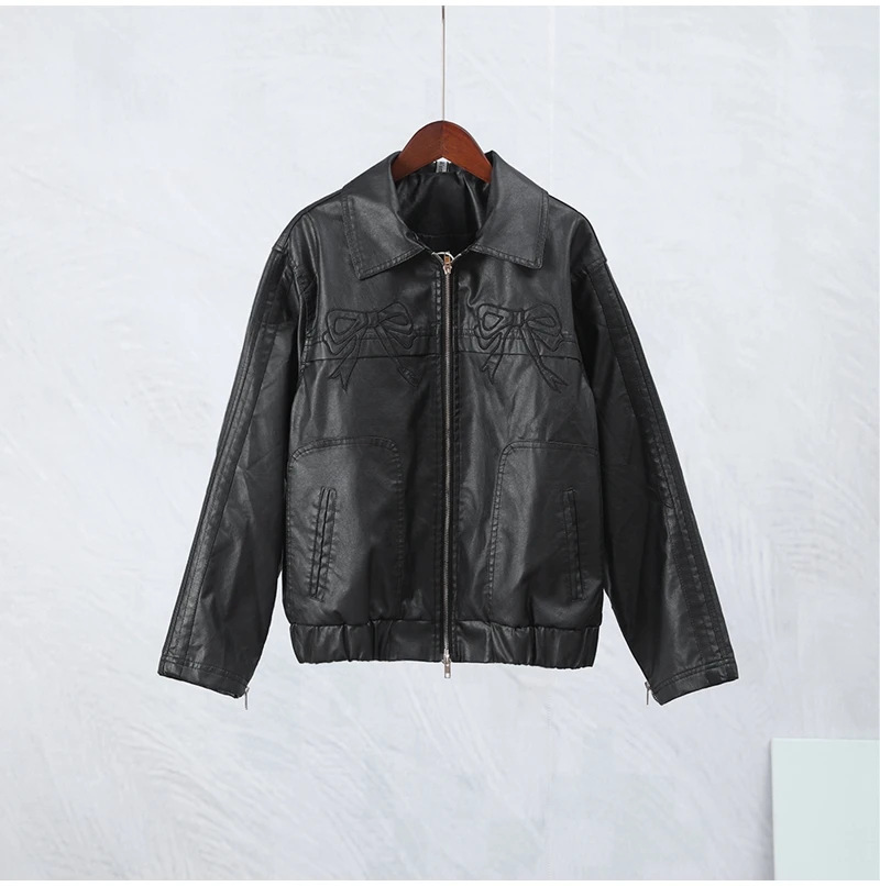 Picture of 2024 Cross-border New Autumn Bow Lapel Zipper Pocket Loose Casual Street Style Leather Jacket