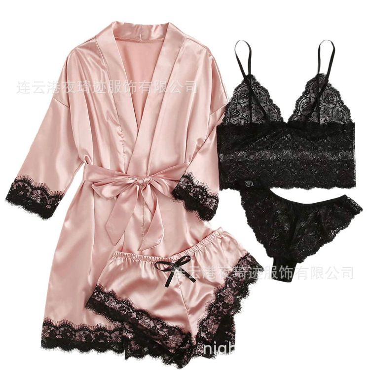 New European and American Women's Pajamas 4-Piece Set Lace Satin Suspender Pajamas Women's Summer Suit with Nightgown Nightgown Wholesale