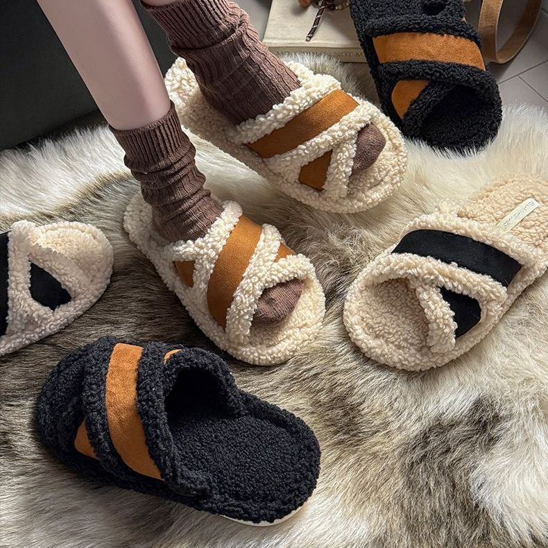 Picture of Thick-soled furry slippers for women, 2025 new autumn/winter lambswool high-end fluffy single-line cotton slippers