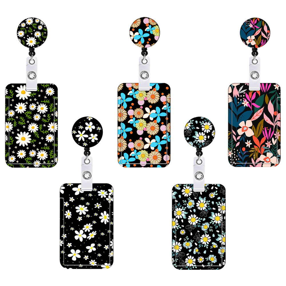 AMAZON Hot Selling Flower Printed Mobile Phone Hanging Chain Wrist Lanyard Key Pendant Telescopic Keychain Card Holder