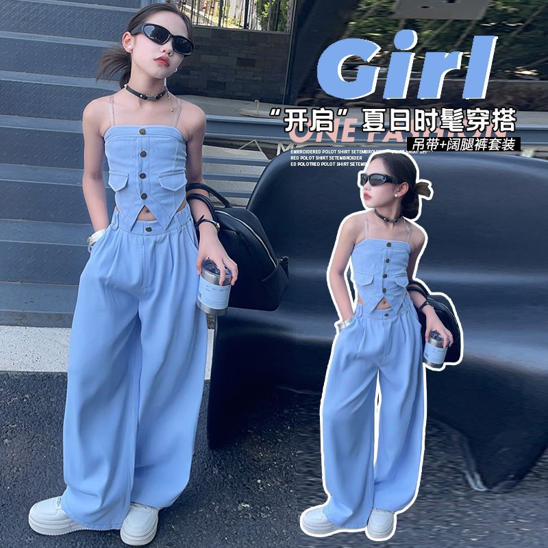 . Girls Summer Denim suit 2024 New Design Sense Denim Spice Sling High Waist Wide Leg Pants Two-Piece Set