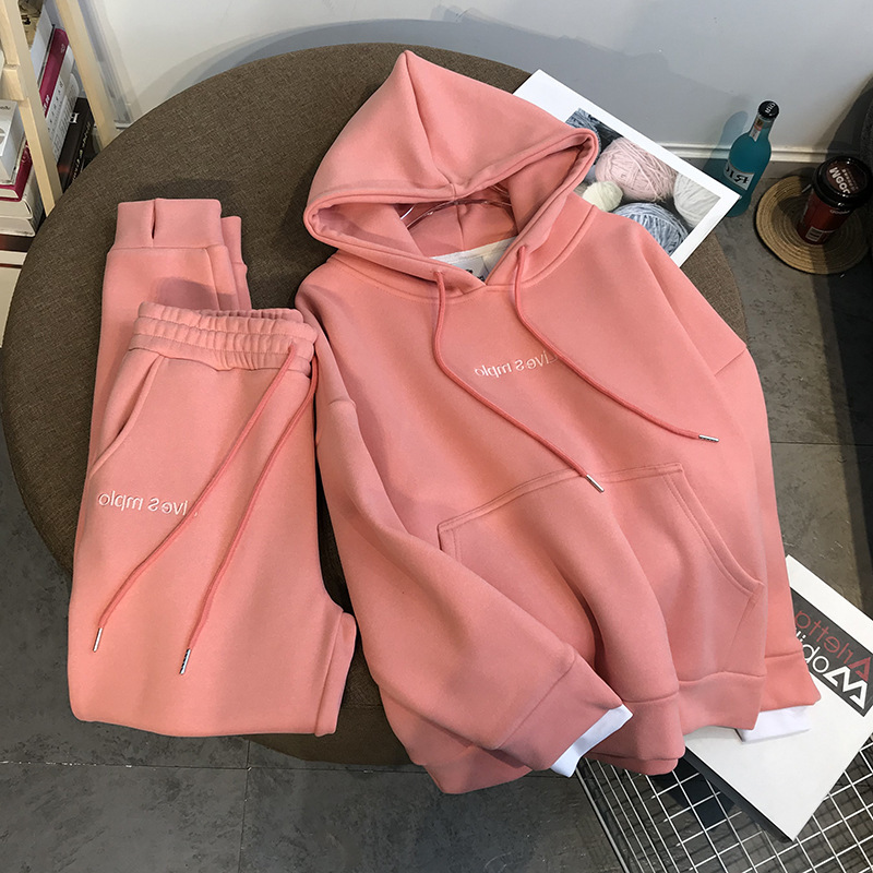 New autumn and winter thickened fleece-lined hooded sweater women's suit letter sports casual fashion Western style two-piece suit