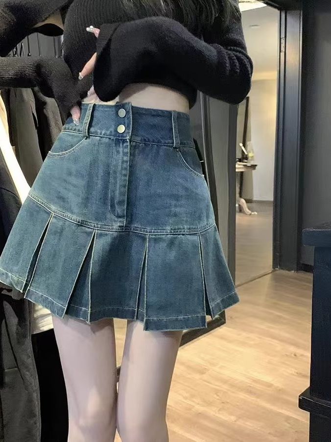 Denim Pleated Short Skirt Women Spring and Summer New High Waist Draped A- Line Short Skirt Draped Casual Skirt