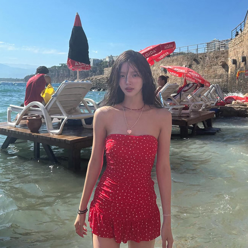 One-Piece Tube Top Sexy Swimsuit Women's Skirt-Style One-Piece Conservative Skirt-Style Belly-Covering Slimming Look Sweet Polka-Dot Vacation Swimsuit