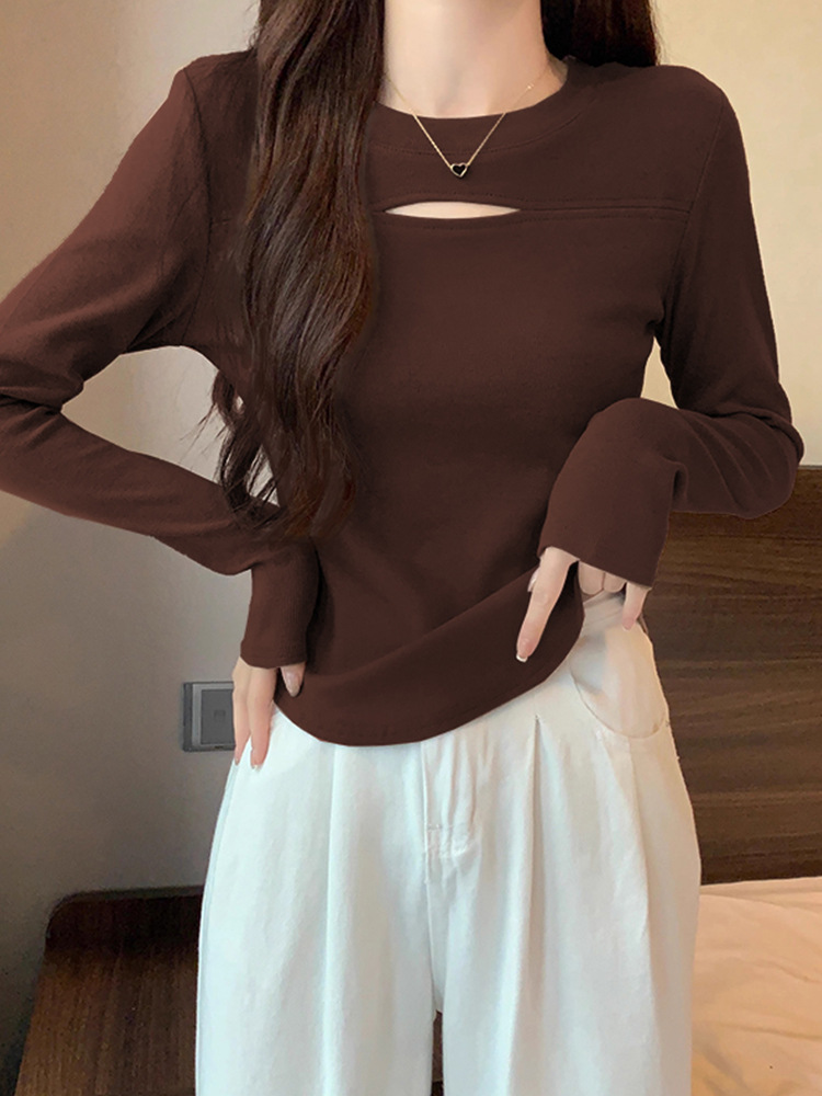 Solid Color Hollow-out Velvet Base Shirt Women's 2025 Autumn and Winter New Long Sleeve Warm Slim-fit Short Top