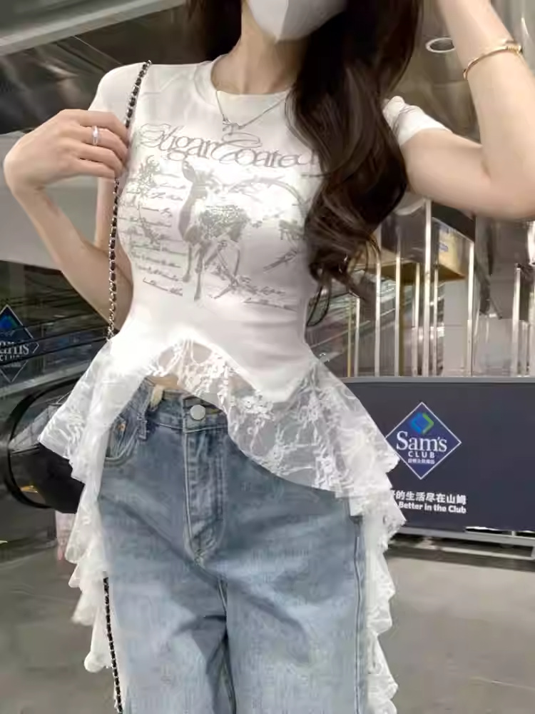 Niche Letter Printed Round Neck Short-Sleeved T-Shirt Summer Sexy Lace Stitching Waist Asymmetrical Short Top for Women